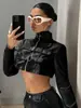 Top de Couro Curto Gola Alta Estilo Americano High Street Feminino Outono 2024 Novo Retro Cool Sa Manga Longa Zíper Casaco