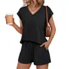 Conjunto transfronteiriço europeu e americano de roupas femininas, com gola V, mangas raglan curtas, top solto com cordão e shorts de bolso grande, estilo casual