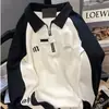 Camisa Externa de Contraste Preto e Branco Tendência Hip-Hop de Marca de Luxo para Casal Moletom Americano Pesado Retrô com Meio Zíper e Gola Polo