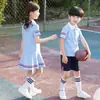 Traje de Algodón de Verano para Jardín de Infancia Sin Capucha Dos Piezas Pulóver Universitario Vestido Azul Moderno