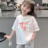 Ropa Infantil Estilo Coreano para Niñas, Conjunto de Verano de Manga Corta con Estampado de Dibujos Animados, Camiseta Holgada de Media Manga para Niños Mayores, Top Casual de Algodón Puro