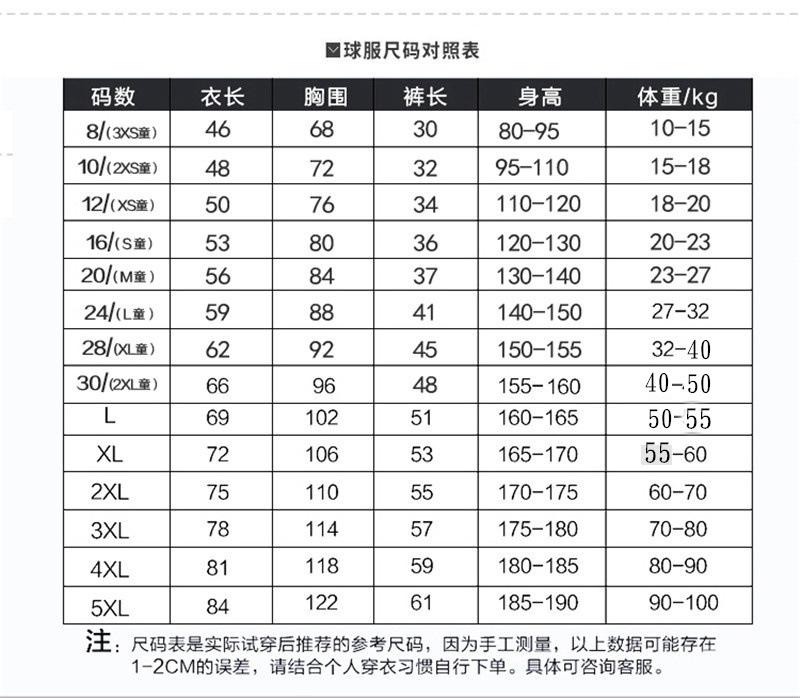 码数表3XS-5XL