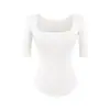 Camiseta Básica Cor Sólida Manga Média Gola Quadrada Estilo Puramente Sexy, Nova Moda Primavera Versátil Slim Fit Barra Curva