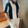 Camisa Polo de Hombre Estilo Coreano Verano Seda de Hielo Manga Corta Combinación de Colores Degradados Rayas Casuales Cuello de Solapa Tendencia Transpirable Tejido