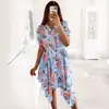 Vestido curto de manga curta com estampa, abotoamento simples e amarração na cintura, moda feminina europeia e americana mais vendido no eBay, AliExpress, Amazon