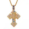 Hip-Hop Europeo y Americano Transfronterizo Retrato Colorido Colgante Cruz Creativo Completo de Diamante Flor Azul Zirconia Collar Hecho a Medida