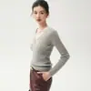 Suéter de cachemir liso para otoño e invierno para mujer, con cuello en V cruzado, corte ajustado, estilo jersey, tejido fino, mangas largas y un diseño moderno