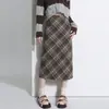 Falda de lana a cuadros para mujer, nueva falda recta de cintura alta adelgazante para otoño e invierno con abertura, falda de longitud media