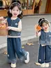 Traje de Mezclilla para Niña Primavera y Otoño 2026 Ropa de Otoño Nueva para Niños Conjunto de Tres Piezas Chaleco para Bebé Pantalones de Pierna Ancha