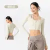 Top Deportivo Corto de Yoga con Escote Halter y Orejas de Gato, Aspecto Adelgazante, Manga Larga para Mujer, Cuello en U, con Almohadilla en el Pecho