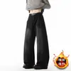 Calça Jeans Lavada Vintage para Homens, Outono e Inverno, Calça Longa com Fenda Estilo Americano, Forrada com Lã, Calça de Perna Larga Espessa para Adolescentes