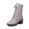 2018 Novas Botas de Outono e Inverno Botas Martin Meia-calça Salto Grosso Salto Quadrado Botas com Cadarço na Frente Botas Femininas Botas Martin