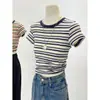 Tops Retro Estilo Hong Kong para Verano Camiseta de Rayas en Contraste para Mujer Cuello Redondo Estilo Coreano Hombro Delgado Mangas Cortas