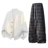 Cardigan Jaquard Estilo Americano Novo Outono/Inverno Conjunto Casual Calça Casual Xadrez Padrão Reta Solta