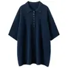 Suéter de punto de cachemira pura con cuello polo, botones al frente, puños enrollados, manga corta, estilo casual para mujer, corte holgado