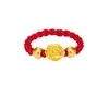 Anel de Ouro Puro 999, Anel de Corda Trançada Flor Rosa, Anel Pequeno de Ouro com Contas Vermelhas da Sorte para Casais, Presente