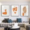 Mural de pared con diseño de hojas naranjas y tres cuadros decorativos minimalistas modernos para sala de estar y dormitorio
