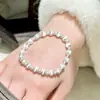 Pulsera Popular de Ojo de Gato Plateado Cepillado con Cuentas Plateadas Brillantes Pulsera de Hilo Elástico para Mujer con un Toque de Lujo Joyería con Cuentas