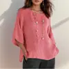 Grande Estoque de Camisas Vintage no Ebay e Amazon, Novas Roupas Femininas de Comércio Exterior, Tops de Camisa de Algodão-Linho com Manga Três Quartos e Gola Redonda