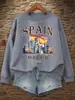Sudadera con Estampado de Edificio Madrid España para Mujer Cuello Redondo Ropa Hip Hop Holgada Casual Pullover Todo