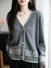 Cardigan de Tricô Jacquard Pesado Feminino Outono e Inverno Gola V Suéter Jaqueta Solto Camada de Fio 100% Algodão Manga Longa