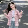 Abrigo para Niñas 2026 Otoño Nuevo Estilo Mediano y Grande Niños Rosa Cuadros Estampado Camisa Manga Larga Solapa Cárdigan Camisa Infantil