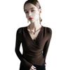 Estilo ocidental V-neck cor sólida top mulheres irregular hem design camisa inferior inverno Nova plissada slim T-shirt