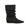 072-10 Botines Cortos Plisados de Ante Sintético para Mujer, Punta Fina, Tacón Oculto, Tacón de Cuña, Estilo Western, Botas para Mujer de Talla Grande, Botas de Ajuste Delgado