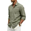 Camisa de lino de manga larga para hombre transfronteriza europea y americana, ajuste holgado de verano y otoño de Amazon, cuello de solapa, camisa casual para hombre estilo hawaiano