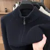 Jaqueta Cardigan Masculina 100% Lã Pura com Zíper Outono/Inverno Nova Chegada Gola Alta Suéter de Tricô Texturizado Estilo Old Money