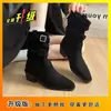 Botines Cortos Vaqueros de Tacón Grueso Retro de Moda para Mujer 2026 Otoño e Invierno Nuevos Botines Anchos Arrugados de Tacón Alto a Media Pantorrilla para Uso en Exteriores