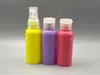 Garrafa plástica PET redonda de 50ml, calibre 20, nas cores vermelho, azul, amarelo, com ombro arredondado, frasco spray, frasco dosador