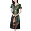 2024 verão novo verde estampa a- linha vestido elegante moda retro mãe vestido de manga curta longo para as mulheres