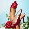 Sapatos Femininos vinho tinto Sandálias de Salto Alto Moda Festa Feminina Bico Fino Sandálias de Salto Alto Flor Rosa Vermelha