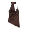 Para Roupas Femininas Europeias e Americanas Transfronteiriças Aliexpress Mais Vendidas de Verão Simples Versátil Cetim Renda Gola Alta Assimétrico Top