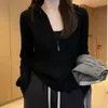 Casaco Cardigan de Lã 100% Estilo Old Money Outono/Inverno para Mulheres, Suéter com Capuz Zíper Tricô Trançado