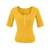 Camiseta henley cinza de botões com manga média estilo girl spicy americano para mulheres, top casual justo de verão com ombros retos
