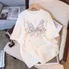 Camiseta branca de manga curta estilo retrô americano 100% algodão para mulheres, top casual de verão com corte solto e estampa de borboleta