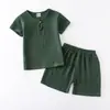 Conjunto de Shorts de Manga Corta de Algodón y Lino de Verano para Niños, Bebé, Color Puro, Doble Capa de Gasa de Algodón, Estilo Chino, Traje Holgado de Dos Piezas