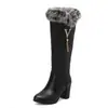 Botas Altas Botas Jinete de Cadena 33 Botas de Tacón Alto Comercio Exterior Talla Grande Botas 52 Moda Cuello de Piel Costura de Coche Grueso Metal Negro