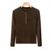 Camiseta de manga larga de lana Lyocell Tencel, capa base para mujer, nuevo estilo 2026, cuello Henley, corte ajustado, elástica, top con botones