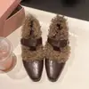 Nuevos zapatos peludos de estilo otoño e invierno para mujer, cálidos zapatos versátiles de cuero con punta fina, Mocasines Mary Jane 2026 con forro de felpa y tacones gruesos