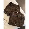 Pijama Retro Estilo Nuvem Algodão Xadrez Marrom com Gola Peter Pan de Renda Azul, Conjunto de Shorts de Manga Curta, Adequado para Uso Diário como Pijama