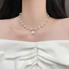 Colar de Pérolas Francês de Alta Qualidade Camélia Laço Duplo Pingente Corrente Clavícula Vintage Versátil Exquisite Corrente de Colar