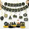 Banner temático de jubilación con sombrero negro y dorado transfronterizo, juego de espirales de panal, accesorios de decoración de lugar, suministros de decoración para fiestas