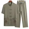 Traje Tang Masculino para Meia-Idade e Idosos, Conjunto de Seda Gelada de Manga Curta, Roupa de Verão para Avô, Gola Alta, Botões, Conjunto de Duas Peças Hanfu para Avô