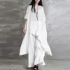 Traje deportivo casual de algodón y lino de talla grande, holgado, de manga corta, cintura alta, pierna ancha, color liso, para primavera y otoño