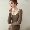 Suéter de malha 100% cashmere com gola U grande e moderno para mulheres, base justa canelada, macio e aconchegante para outono e inverno