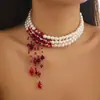 Collar Creativo Transfronterizo Europeo y Americano de Halloween con Perlas de Imitación que Gotean Sangre Estilo Ins Collar con Borla de Cristal de Imitación Rojo