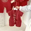 Roupas de Verão para Bebê de 100 Dias Festivas Estilo Chinês Novo Roupa Formal para Bebê de Um Ano Macacão Vermelho de Manga Curta Roupa para Engatinhar ao Ar Livre